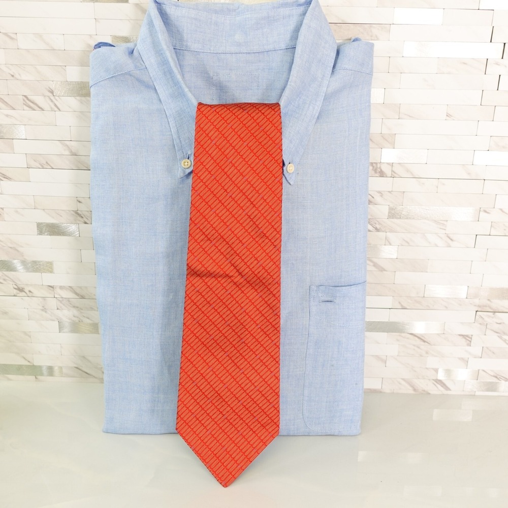 Lancel Neck Tie Mens Red Orange Silk Bright Aztec Luxury Bold Basic Suit France